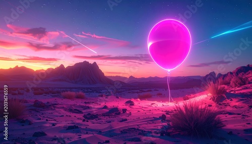 Neon Pink Balloon in Desert Landscape at Sunset.