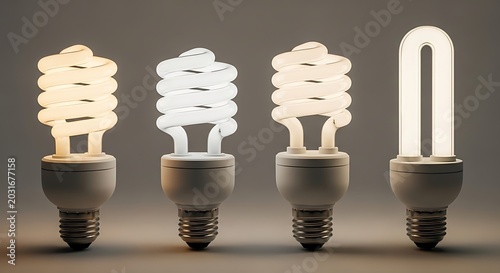 Four Compact Fluorescent Light Bulbs Showing Different Light Temperatures and Designs