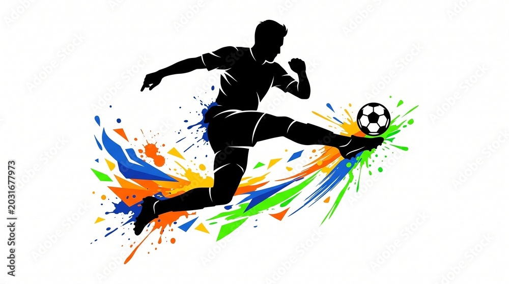 Fototapeta premium Soccer player kicks ball with colorful splashes around