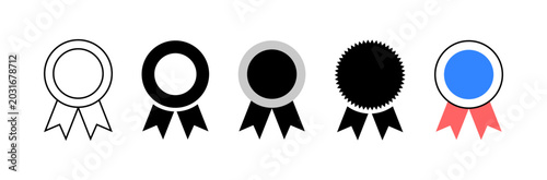 Quadro su tela Award ribbon icon set with prize medal rosette in line flat and solid vector sty