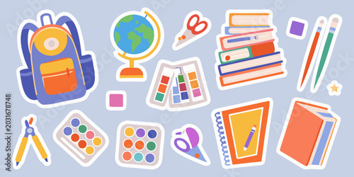 Canvas Print colorful school supplies illustration with backpack globe books and art material