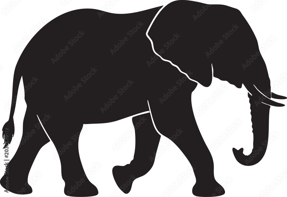 Fototapeta premium African Elephant Silhouette: A striking black silhouette of an African elephant, depicted mid-stride, showcases its majestic form and powerful presence against a plain background.