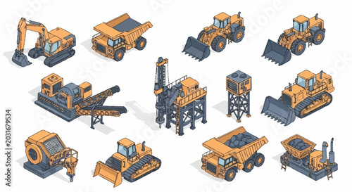 Εκτύπωση καμβά Collection of isometric construction and mining heavy machinery and equipment, isolated on white background