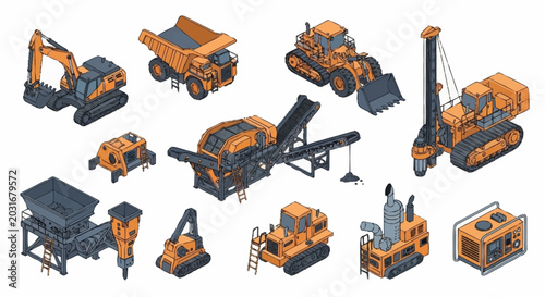 Photos Collection of isometric construction and industrial heavy machinery vehicles and equipment