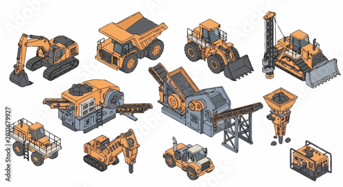 Φωτογραφία Collection of isometric construction and mining heavy machinery vehicles and equipment