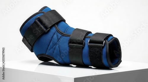 Blue orthopedic wrist brace with adjustable straps displayed on a white pedestal against a plain background, designed for support and immobilization of the wrist