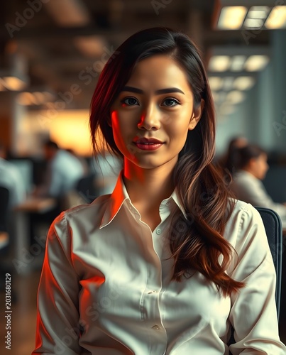 Soft dreamy atmosphere, chiaroscuro lighting, warm tones. A professional photograph of a woman in a neat shirt, sitting in an office chair. Blurred background of busy office workers.