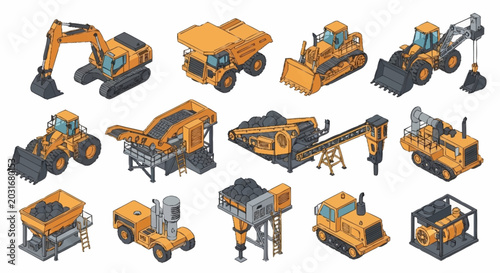 Photography Collection of isometric mining and construction heavy machinery and equipment, isolated on white background