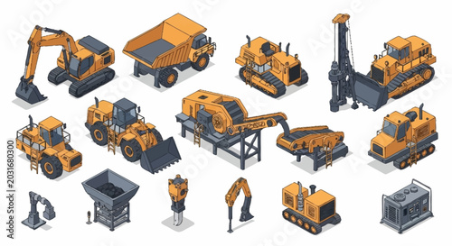 Cuadro en lienzo Collection of isometric construction vehicles and heavy machinery for building and industry projects