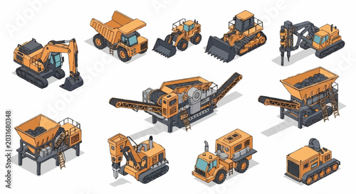 Valokuva Collection of isometric construction and mining heavy machinery vehicles and equipment