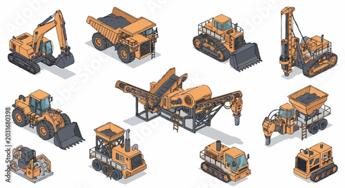 Foto Collection of isometric construction and mining heavy machinery vehicles and equipment
