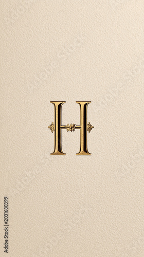 Elegant capital letter H with a decorative flourish, resembling a monogram or a symbol of luxury, on a textured light background