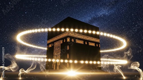 Religious structure with glowing orbs against a starry night sky