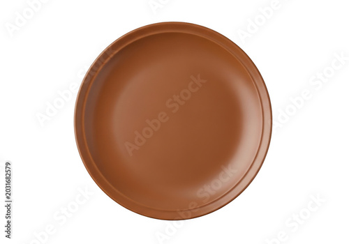 A top-down view of a circular, matte brown ceramic plate centered against a solid, deep black background, showcasing clean minimalist kitchenware