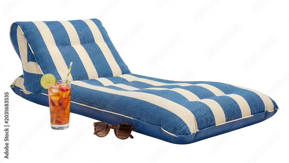 Obraz premium Blue and white striped beach lounge chair with a drink and sunglasses isolated on transparent background