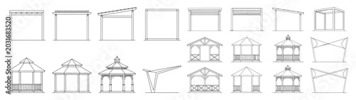 Gazebo and Pavilion Roof Profiles Vector Set Showing Various Architectural Canopy and Pergola Designs