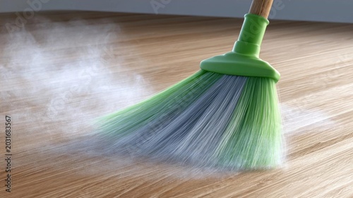 Green broom with a wooden handle on a wooden floor. the broom is being used to sweep away dust from the floor, which is visible in the image.
