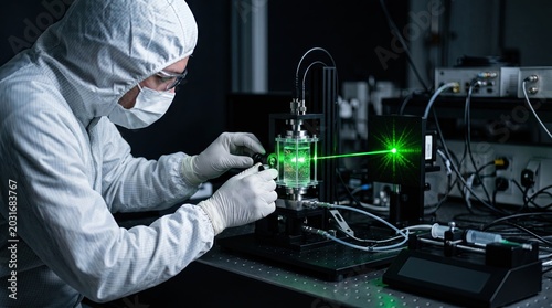 Scientist adjusting laser diffraction instrument with rare earth particles in optical chamber, laboratory process close-up