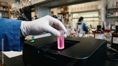 Technician inserting erbium solution cuvette into spectrophotometer, laboratory close-up analysis