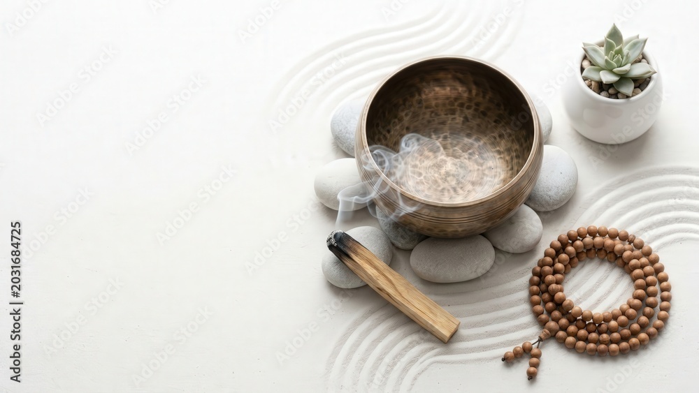 Fototapeta premium Zen Meditation Still Life with Singing Bowl Palo Santo and Mala Beads