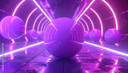Neon-lit tunnel with spheres and reflective floor, creating a futuristic ambiance.