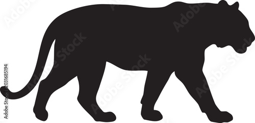 Foto Silhouette of a Panther: A striking black silhouette of a majestic panther in mid-stride, exuding an aura of power and mystery, set against a simple background