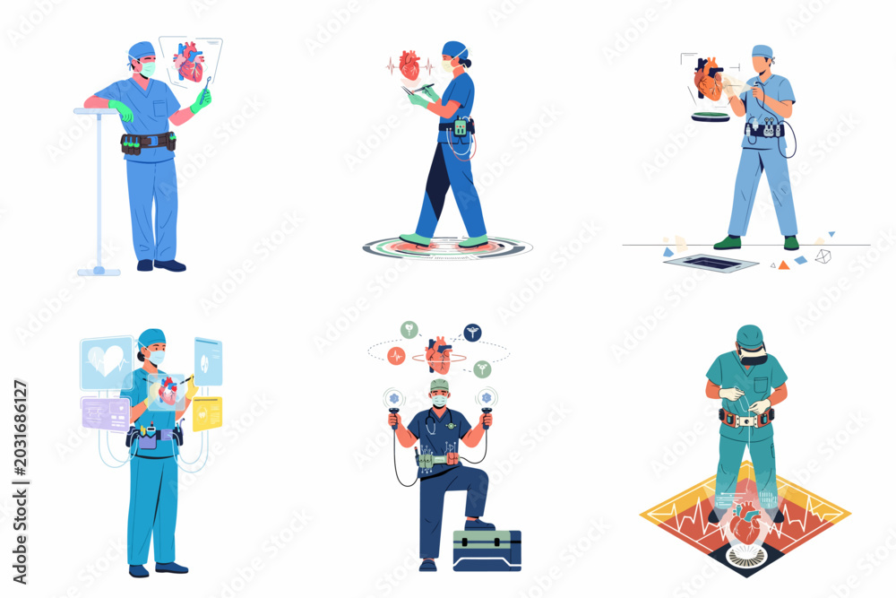 Fototapeta premium Set of Surgeons Utilizing Advanced Futuristic Technology and Holographic Interfaces for Heart Diagnostics and Surgical Procedures