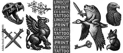 bear or dog skull, griffin, sakura branch, frog on goose, eagle, fox, tattoo, print, linocut stamp, ex libris, ink
