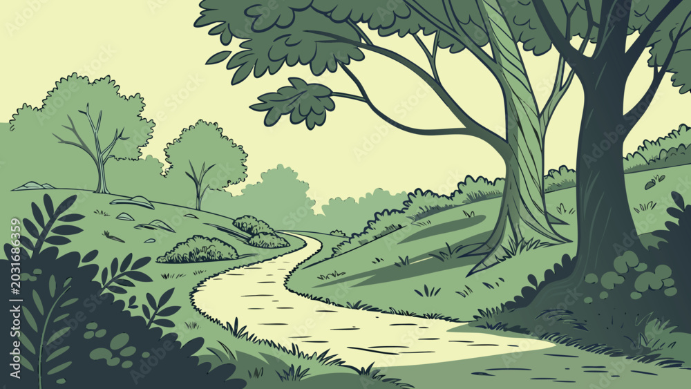 Fototapeta premium Stylized Green Forest Landscape Illustration with Winding Path Through Trees