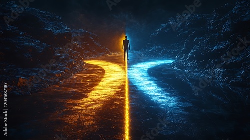 Cinematic Scene of Lone Human Figure Facing Two Glowing Roads Symbolizing Hope, Uncertainty, Life Decisions and Emotional Future Direction