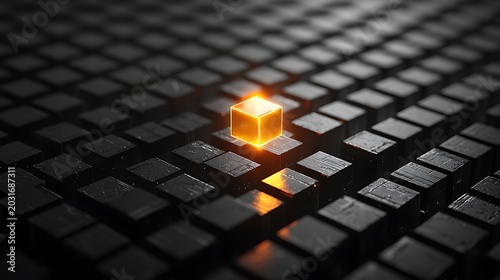 Elevated Glowing Cube Emerging from Thousands of Identical Dark Cubes Symbolizing Leadership, Strategic Success and Premium Corporate Excellence