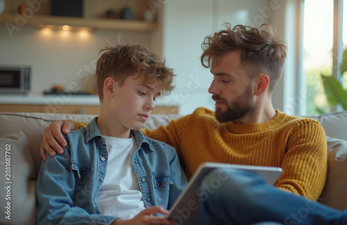 Father talks supportively to his sad teenage son at home on sofa. Young boy looks troubled with tablet screen while dad offers comfort and understanding during difficult conversation.