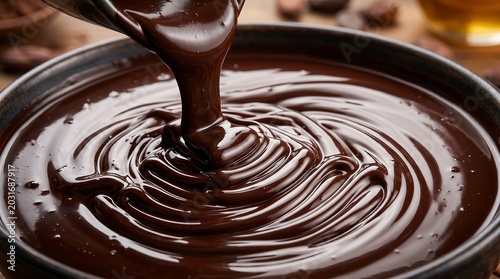 A detailed macro photography of rich melted dark chocolate being poured into a bowl, creating elegant glossy ripples and texture