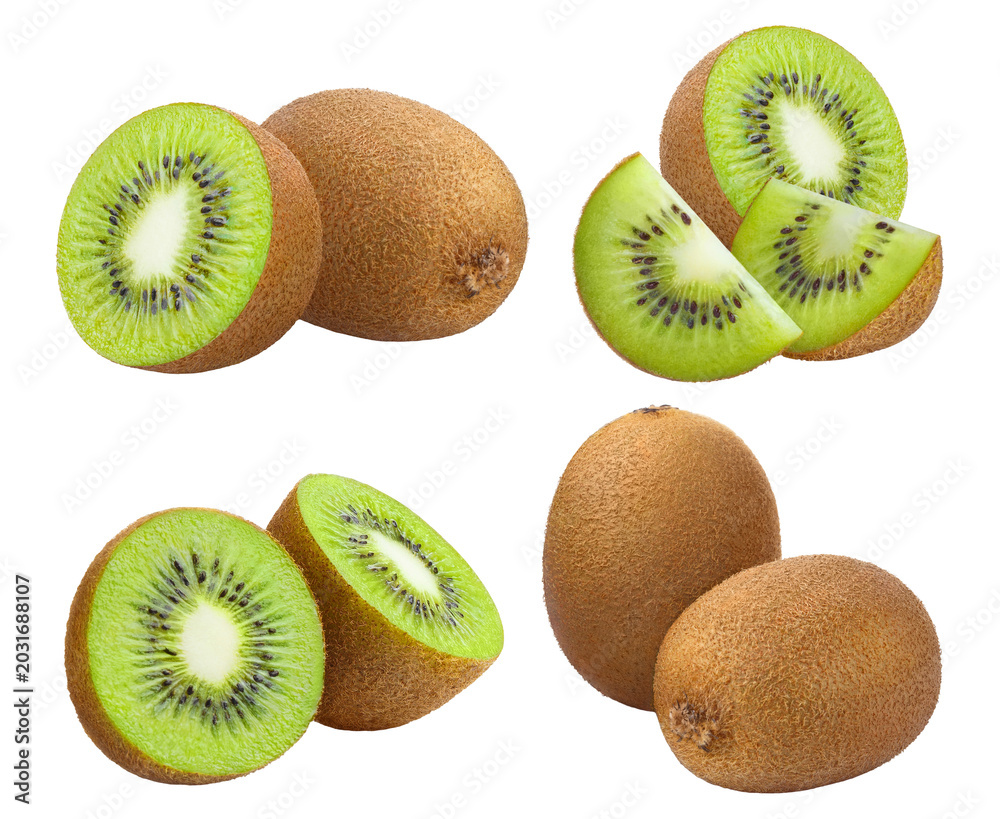 Fototapeta premium Set of fresh kiwi fruit compositions, isolated on cutout transparent background