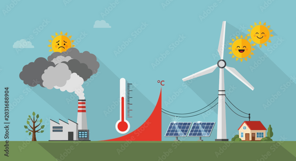 Fototapeta premium Climate Change and Renewable Energy Transition Flat Vector Illustration