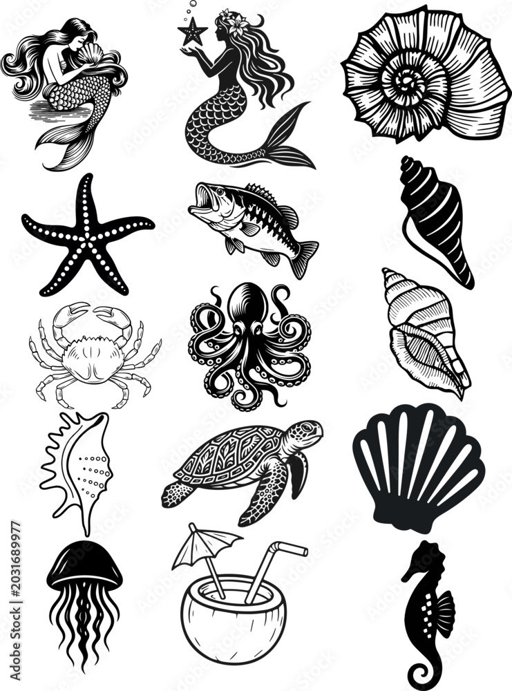 Obraz premium Ocean svg bundle, Sea life clipart, Seashell vector, Mermaid svg, Crab illustration 