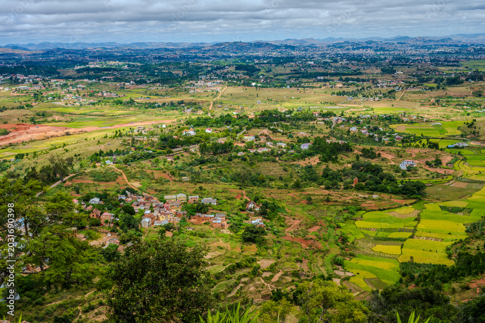 Obraz premium Rural landscape with traditional villages and rice fields near Antananarivo