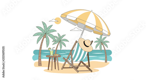 Vászonkép A relaxing illustration of a person sitting on a beach chair under an umbrella