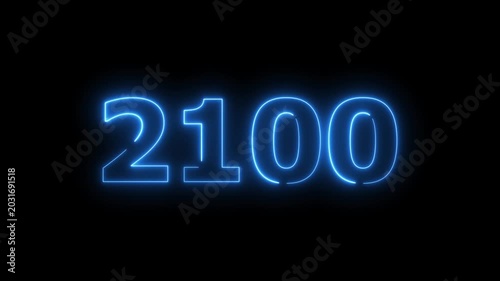 2100 Sal number neon text animation. Neon blue number new year background 4k video.