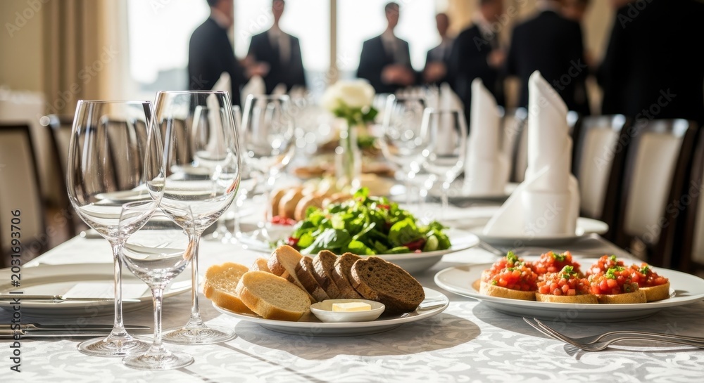 Fototapeta premium Elegant Business Banquet Table Setting with Appetizers and Blurred Professionals in the Background