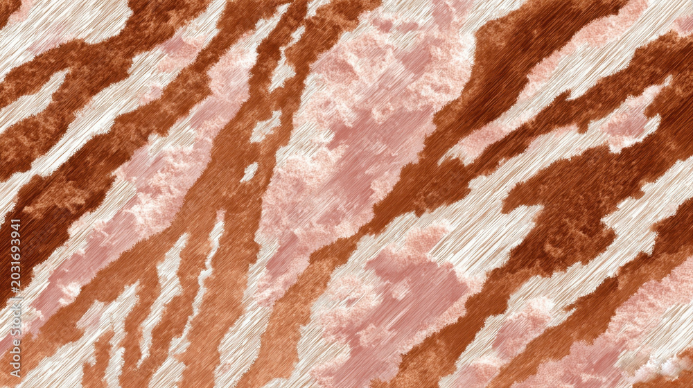 Obraz premium Abstract copper metallic zebra stripe texture background rose gold brush strokes pattern liquid metal foil diagonal lines shiny organic waves template design element backdrop wallpaper