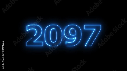 2097 Sal number neon text animation. Neon blue number new year background 4k video.