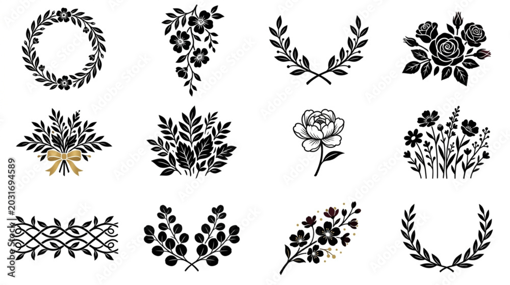 Fototapeta premium Collection of Black Floral Decorative Elements and Wreaths.
