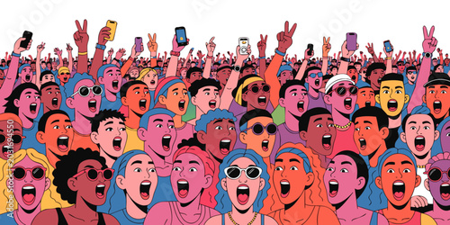 Slika na platnu A vibrant vector illustration of a massive, diverse crowd at what appears to be a concert or festival people cheering with open mouths, raising phones, peace signs, and cameras in the air
