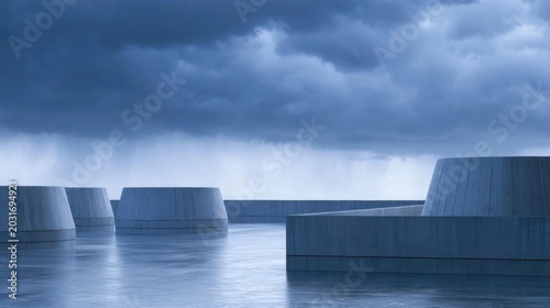 Group of concrete structures arranged in a row on a body of water. the sky is filled with dark, ominous clouds that are covering most of the sky.