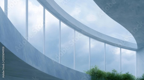 Modern architectural structure with a curved roof. the roof is made of white panels that are arranged in a way that creates a wave-like pattern.