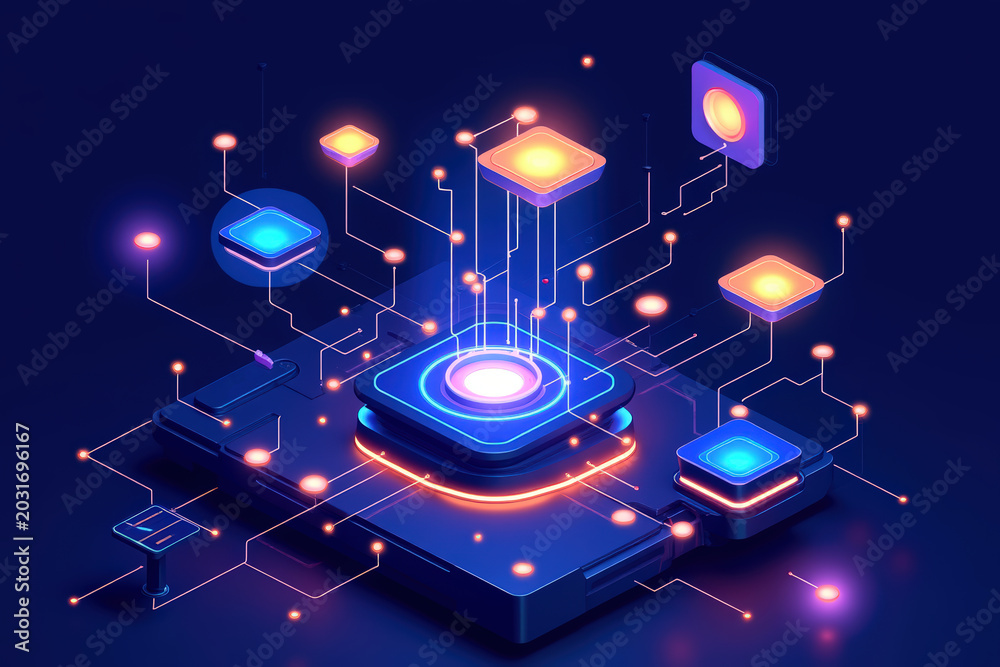 Fototapeta premium Futuristic digital network with glowing nodes and data flow in cyber technology setting