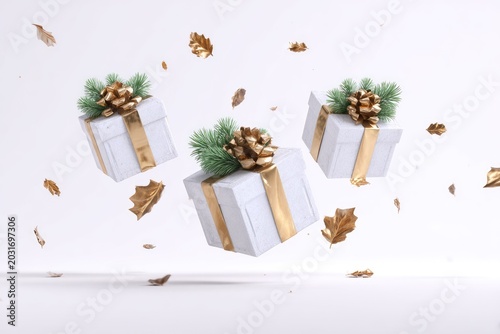 Three white gifts with gold ribbon and pinecones floating against white