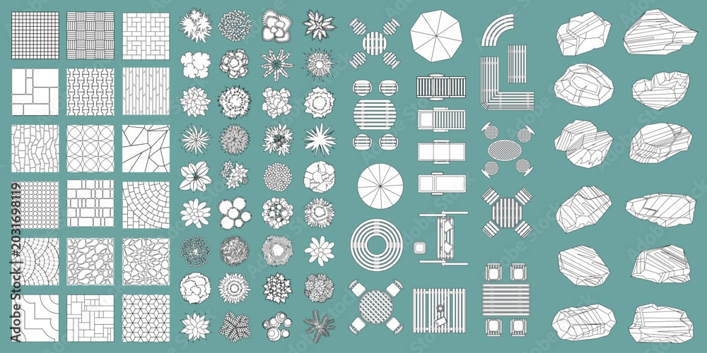 Naklejka premium Top view line outline stroke collection of landscape design elements including paving textures, garden plants, outdoor furniture, umbrellas and decorative stones. Hand drawn monochrome architectural s