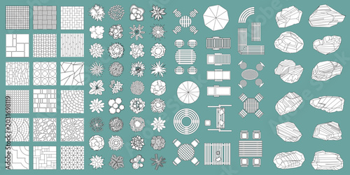 Photos Top view line outline stroke collection of landscape design elements including paving textures, garden plants, outdoor furniture, umbrellas and decorative stones